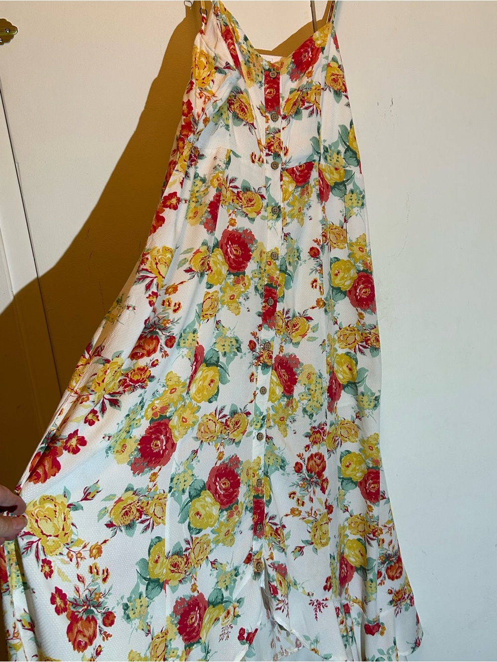 White Floral Spaghetti-Strap Maxi Dress with Red & Yellow Blooms - Picture 8 of 9